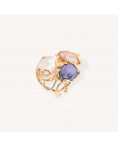 Anello Regolabile in Bronzo Dorato Collezione AURORA con Perle Di Fiume Mix | Gioiello Artigianale Donna 32x36mm-ANELLI BIJOUX DONNA AURORA BEST SELLER | Worldofjewel.com