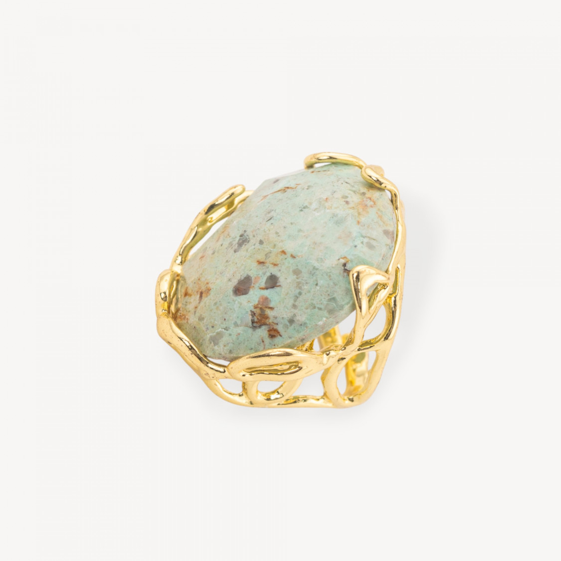 Anello Regolabile in Bronzo Dorato Collezione AURORA-1 con Pietre Dure Agata Muschiata Verde | Gioiello Artigianale Donna 28x-ANELLI BIJOUX DONNA AURORA BEST SELLER | Worldofjewel.com