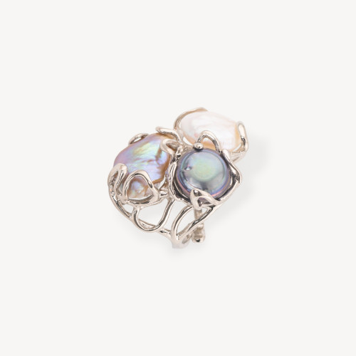 Anillo ajustable de bronce rodiado de la colección Aurora con perlas de río mixtas | Joyería artesanal para mujer de 32 x 36 mm