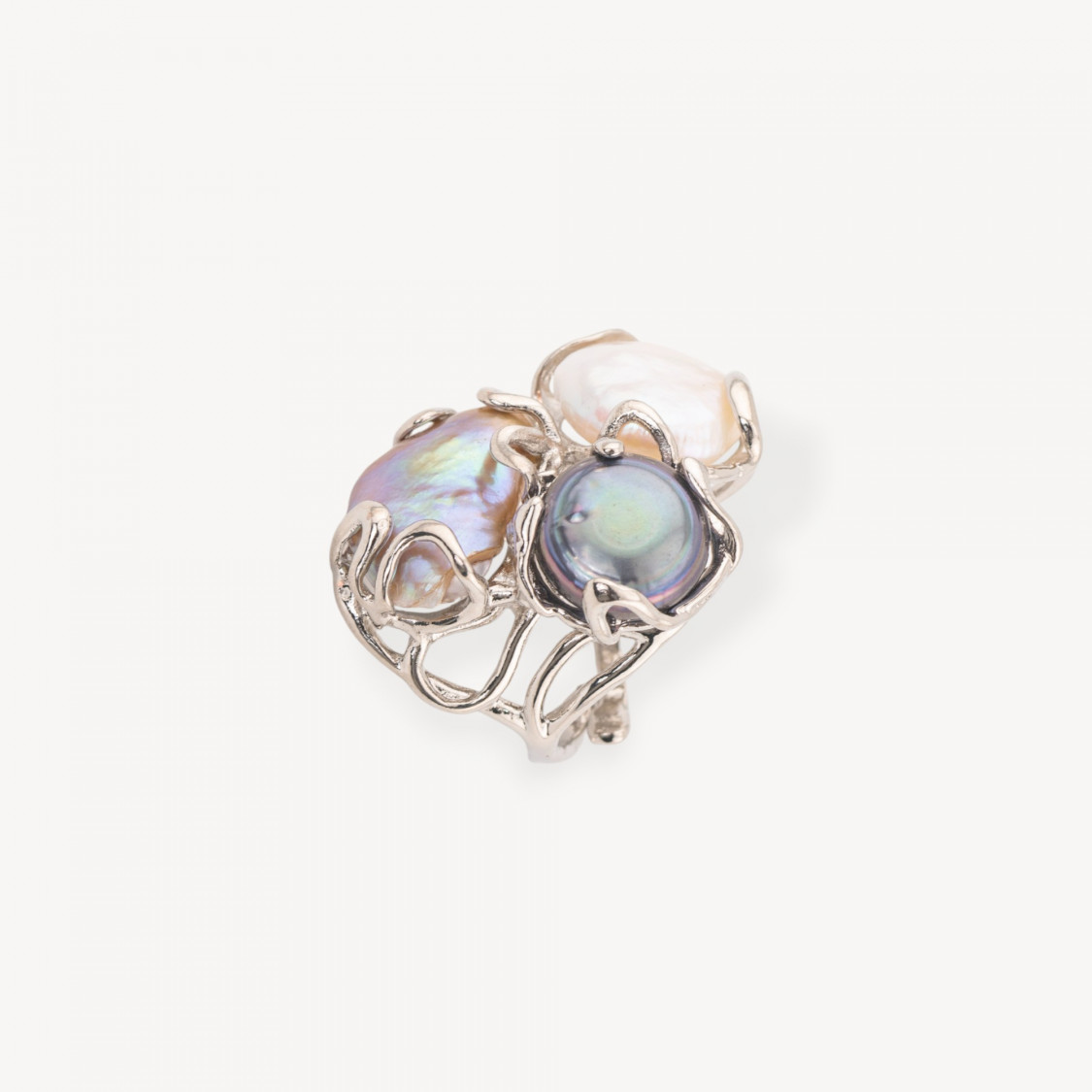 Anello Regolabile in Bronzo Rodiato Collezione AURORA con Perle Di Fiume Mix | Gioiello Artigianale Donna 32x36mm-ANELLI BIJOUX DONNA AURORA BEST SELLER | Worldofjewel.com