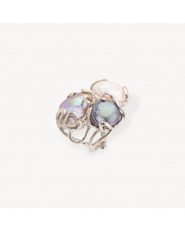 Anello Regolabile in Bronzo Rodiato Collezione AURORA con Perle Di Fiume Mix | Gioiello Artigianale Donna 32x36mm-ANELLI BIJOUX DONNA AURORA BEST SELLER | Worldofjewel.com