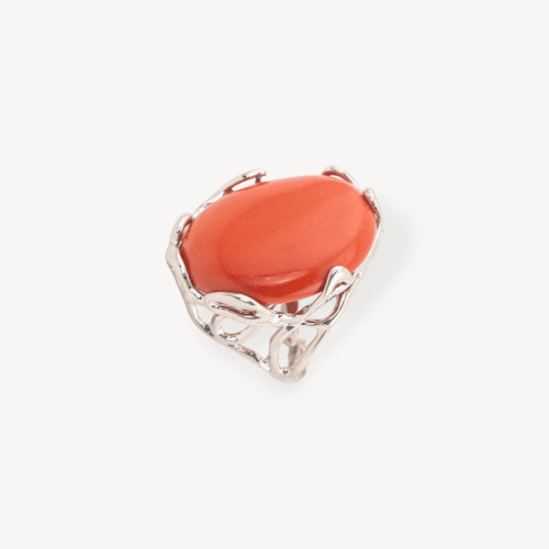 Anillo ajustable de bronce rodiado de la colección AURORA-1 con piedras de pasta de coral lisas | Joyería artesanal para mujer, 