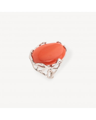 Anello Regolabile in Bronzo Rodiato Collezione AURORA-1 con Pietre Dure Pasta Di Corallo Liscio | Gioiello Artigianale Donna 28-ANELLI BIJOUX DONNA AURORA BEST SELLER | Worldofjewel.com