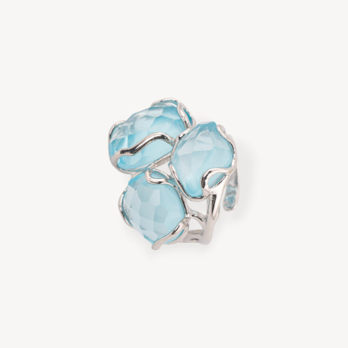 Adjustable Rhodium-Plated Bronze Ring from the Aurora-S Collection, 25x27mm, with Aqua Cat's Eye | Handcrafted Women's Jewelry, 