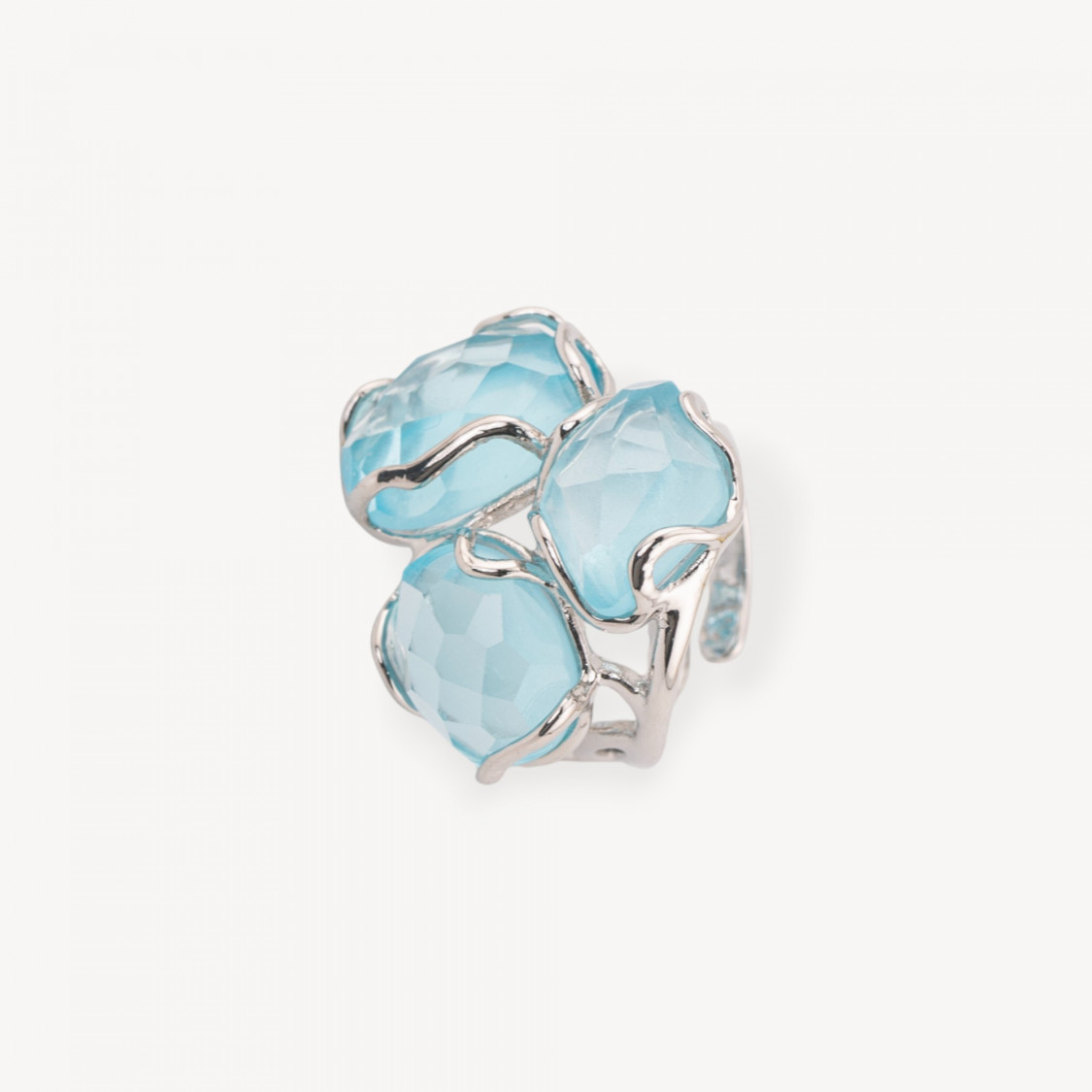 Adjustable Rhodium-Plated Bronze Ring from the Aurora-S Collection, 25x27mm, with Aqua Cat's Eye | Handcrafted Women's Jewelry, -AURORA WOMEN'S BEST-SELLING JEWELRY RINGS | Worldofjewel.com