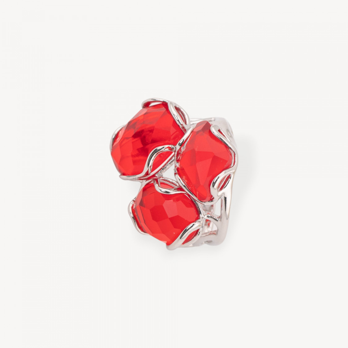 Anello Regolabile in Bronzo Rodiato Collezione Aurora-S 25x27mm Con Occhio Di Gatto Rosso | Gioiello Artigianale Donna 32x36mm-ANELLI BIJOUX DONNA AURORA BEST SELLER | Worldofjewel.com
