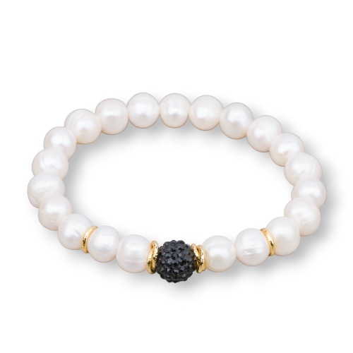 Elastisches Armband mit Flussperlen und zentraler schwarzer Strasskugel (9–10 mm), Gold