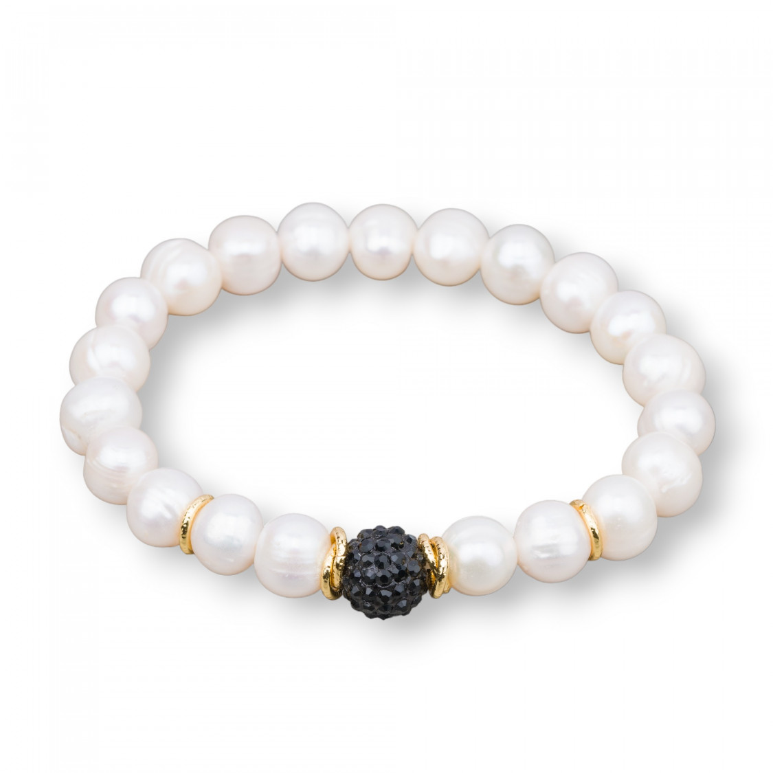 Pulsera elástica con perlas de río y esfera central de strass negro de 9-10 mm de oro-PIEDRAS DURAS Y PERLAS DE RÍO | Worldofjewel.com
