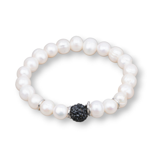 Elastisches Armband mit Flussperlen und zentraler schwarzer Strasskugel (9–10 mm), rhodiniert