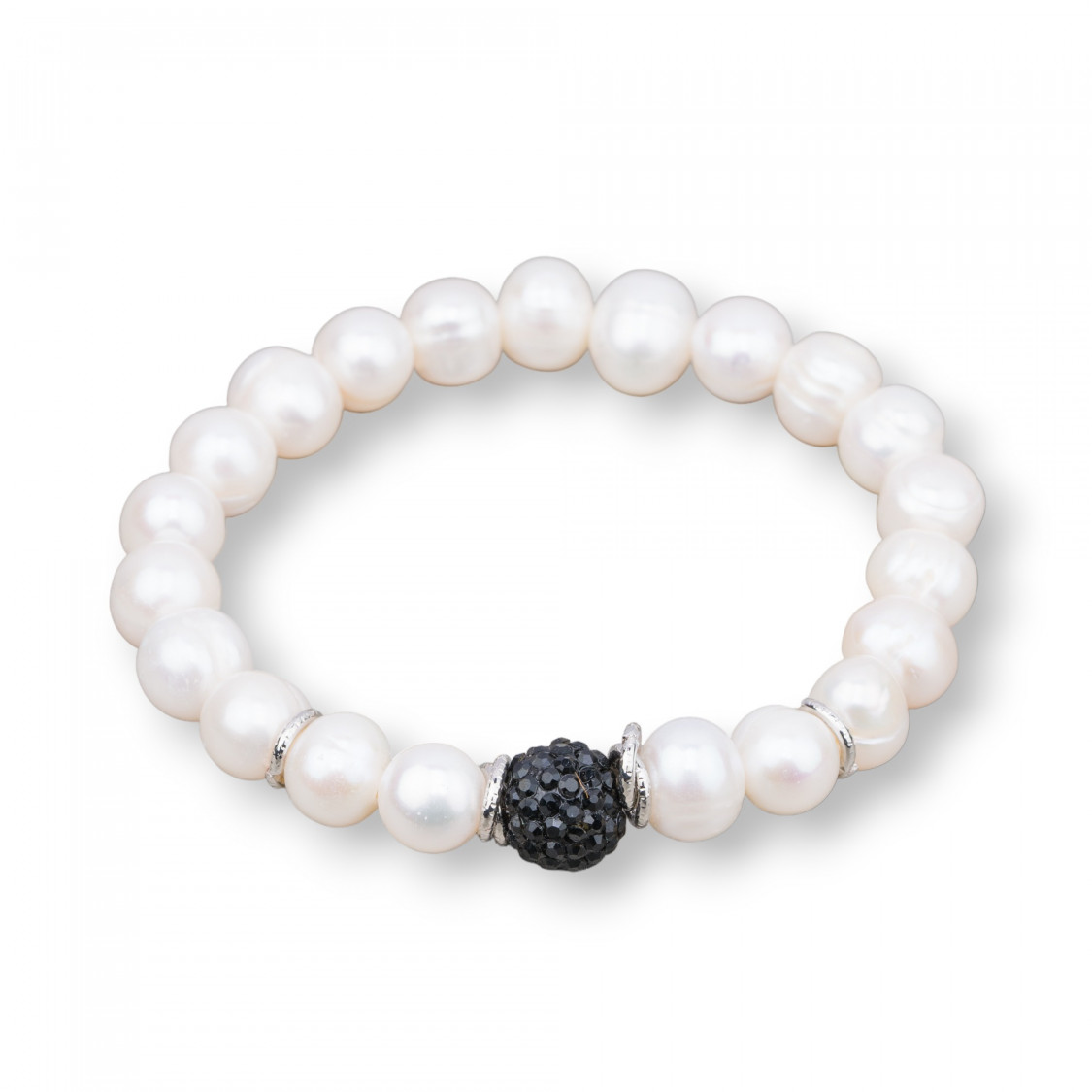 Elastisches Armband mit Flussperlen und zentraler schwarzer Strasskugel (9–10 mm), rhodiniert-HARTE STEINE UND FLUSSPERLEN | Worldofjewel.com