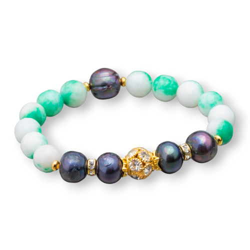 Elastisches Armband mit Edelsteinen und Flussperlen, zentraler Messingkugel und Zirkonen (10–12 mm, MOD2)