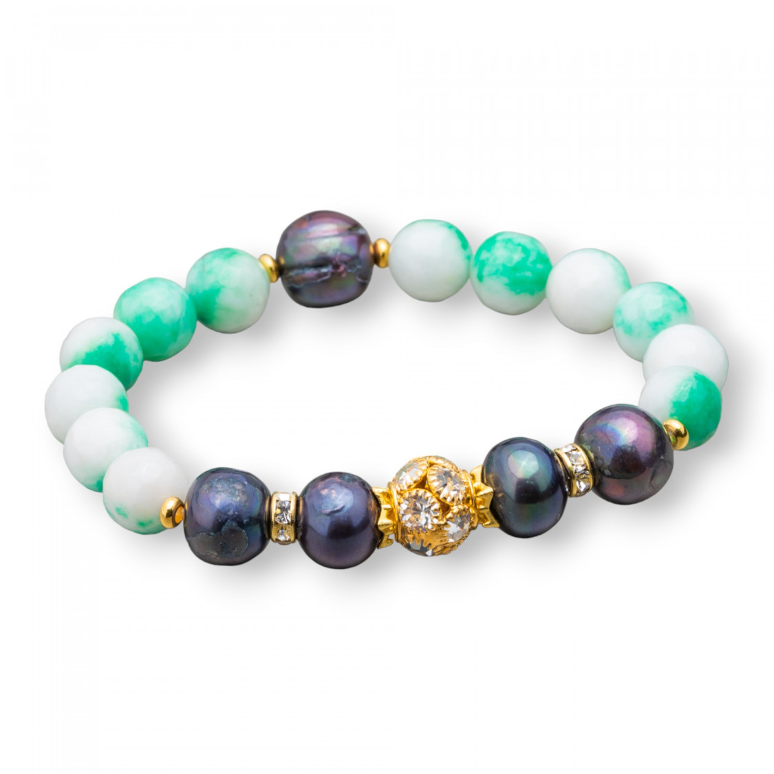 Bracelet élastique orné de pierres dures, de perles de rivière, d'une sphère centrale en laiton et de zircons (10-12 mm) MOD2-PIERRES DURES ET PERLES DE RIVIÈRE | Worldofjewel.com