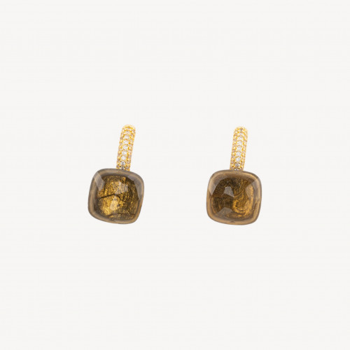 Pendientes de bronce con circonitas de talla cojín y cierre de palanca, 13 x 26 mm, color caramelo dorado transparente