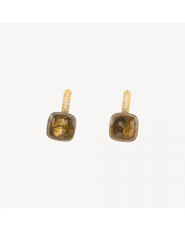 Orecchini A Monachella Chiusa Di Bronzo Con Occhio Di Gatto Taglio Cuscino Con Zirconi 13x26mm Dorato Verde Oliva Trasparente-ORECCHINI HOT PICKS | Worldofjewel.com