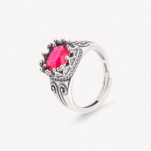 925 Silver Microfiber Regal Jewel Ring with Zircon Adjustable Size MOD4474 Red