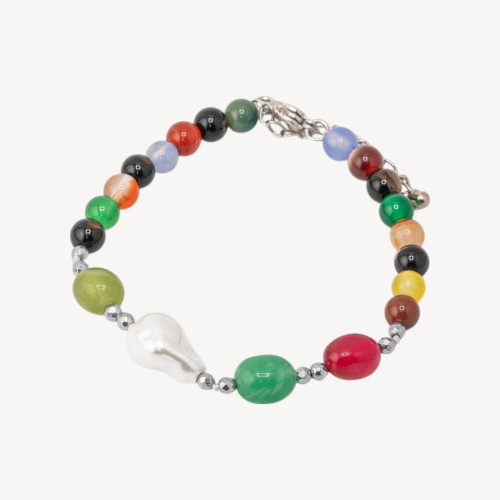 Bracelet en pierres semi-précieuses de 6 mm et perles de Majorque, 18,5 cm + 5 cm, MOD2738, avec hématite argentée et agate mult