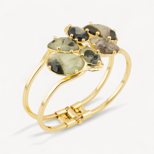 Bracelet en bronze orné d'un ensemble central de pierres de préhnite dorée de 45 x 65 mm