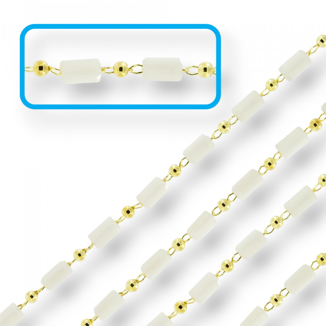 Catena Rosario Con Cristalli Cilindro e Ottone 2,5mm 1 Metro Bianco-CATENE A METRAGGIO | Worldofjewel.com