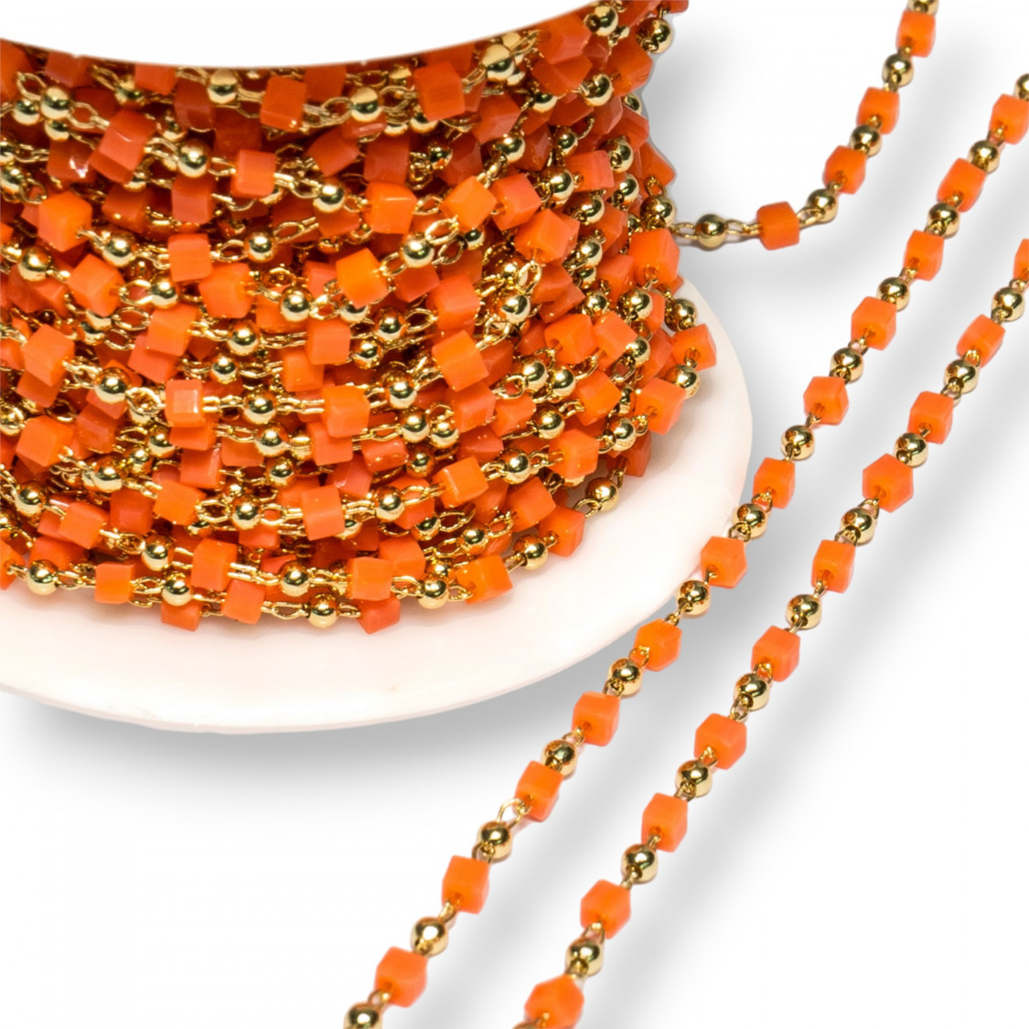 Catena Rosario Con Cristalli Cubetti e Ottone 2mm 1 Metro Dorato Arancio-CATENE A METRAGGIO | Worldofjewel.com
