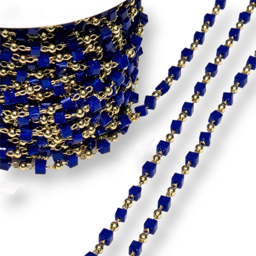Rosary Chain with Crystal Cubes and Brass 2mm 1 Meter Gold Blue