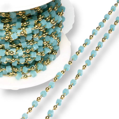 Chapelet avec cubes de cristal et laiton 2 mm 1 mètre Or Bleu clair