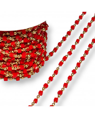 Catena Rosario Con Cristalli Cubetti e Ottone 2mm 1 Metro Dorato Rosso-CATENE A METRAGGIO | Worldofjewel.com