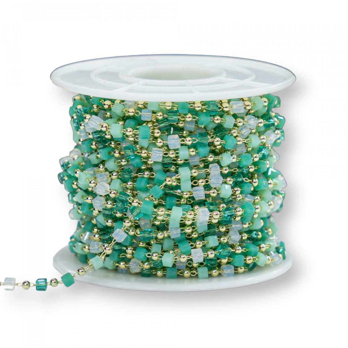Catena Rosario Con Cristalli Cubetti e Ottone 2mm 1 Metro Dorato Verde Mix-CATENE A METRAGGIO | Worldofjewel.com