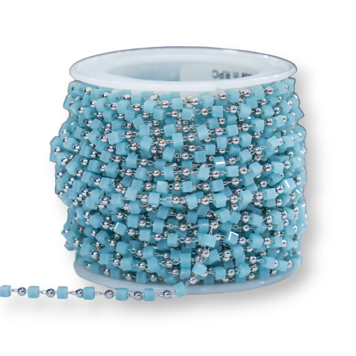 Rosary Chain with Cube Crystals and Brass 2mm 1 Meter Rhodium Plated Light Blue