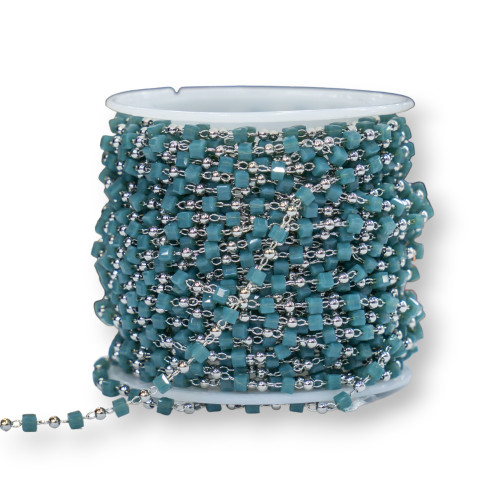 Chapelet en laiton rhodié vert turquoise avec cristaux cubiques de 2 mm et tige de 1 mètre