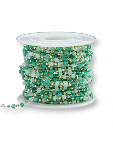 Catena Rosario Con Cristalli Cubetti e Ottone 2mm 10 Metri Dorato Verde Mix-CATENE ROSARIO CON PIETRE | Worldofjewel.com
