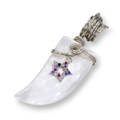 925 Silver Pendant with Mother-of-Pearl Horn, 5-Pointed Star and Multicolor Zirconia, 16x43mm