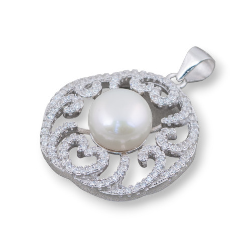 925 Silver Round Abstract Pendant with Zirconia and River Pearls 25x32mm