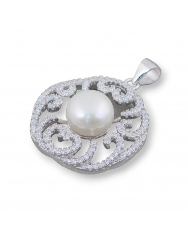 Ciondolo Pendente Di Argento 925 Astratto Tondo Con Zirconi E Perle Di Fiume 25x32mm-PLATA 925 DISEÑO ITALIA | Worldofjewel.com