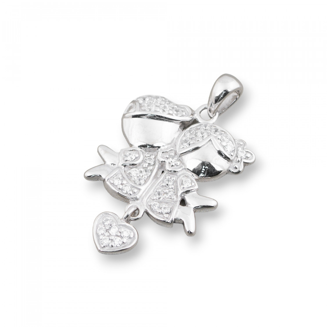 Ciondolo Pendente Di Argento 925 Bimbo E Bimba Con Cuore E Zirconi 18x30mm-SILBER 925 DESIGN ITALIEN | Worldofjewel.com
