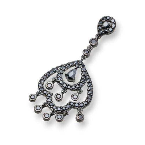 925 Silver Burnished Pendant with Black Zircons Gothic Chandelier 1Pc