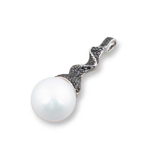 925 Silver Witch Hat Pendant with White Mallorca Pearls and Black Zircons 14x38mm