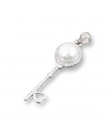Ciondolo Pendente Di Argento 925 Chiave Con Zirconi E Perle 11x39mm-SILBER 925 DESIGN ITALIEN | Worldofjewel.com