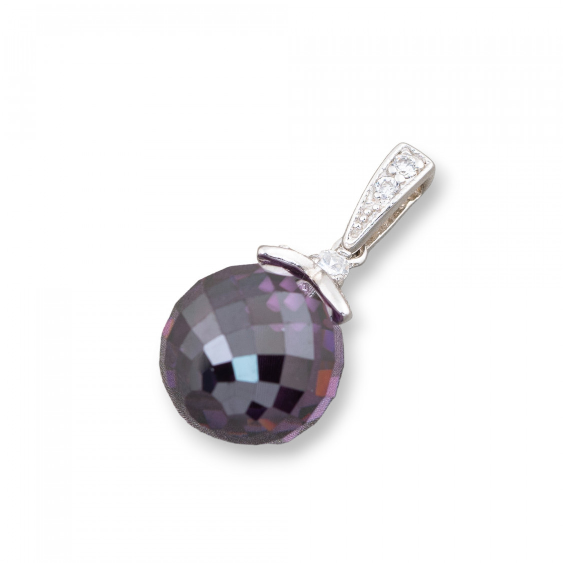 Ciondolo Pendente Di Argento 925 Con Coppetta Petali Sfera Zirconi Viola Sfaccettato 13x28mm-PLATA 925 DISEÑO ITALIA | Worldofjewel.com