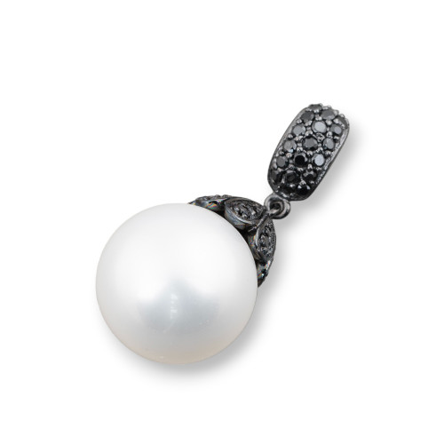 925 Silver Pendant with White Mallorca Pearls and Black Zircons 16x35mm