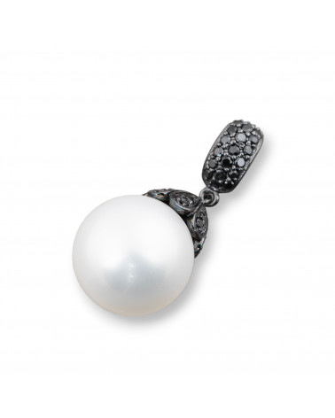 Ciondolo Pendente Di Argento 925 Con Perle Di Maiorca Bianca E Zirconi Neri 16x35mm-ΑΣΗΜΙ 925 ΣΧΕΔΙΟ ΙΤΑΛΙΑ | Worldofjewel.com