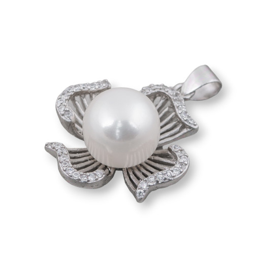 Colgante de Plata 925 con Circonitas y Perlas de Río Flor Ondulada 22x30mm