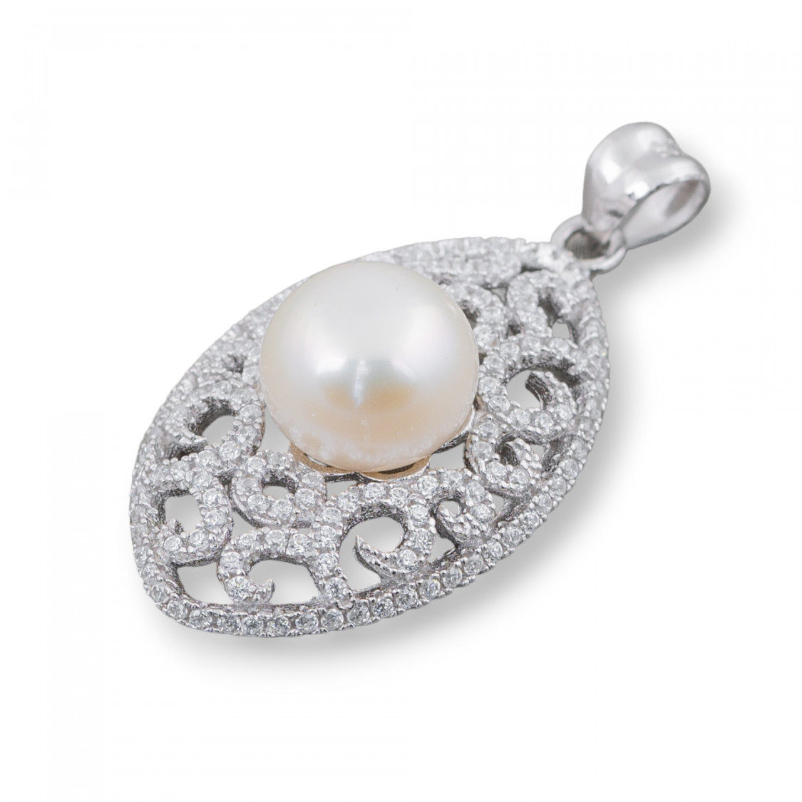 Ciondolo Pendente Di Argento 925 Con Zirconi E Perle Di Fiume Ovale 18x27mm-PLATA 925 DISEÑO ITALIA | Worldofjewel.com