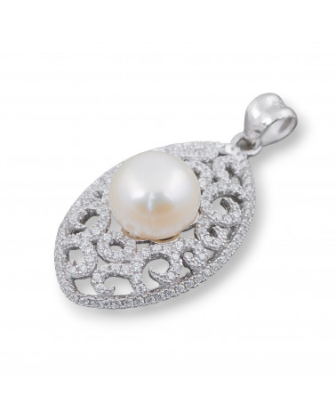 Ciondolo Pendente Di Argento 925 Con Zirconi E Perle Di Fiume Ovale 18x27mm-PLATA 925 DISEÑO ITALIA | Worldofjewel.com