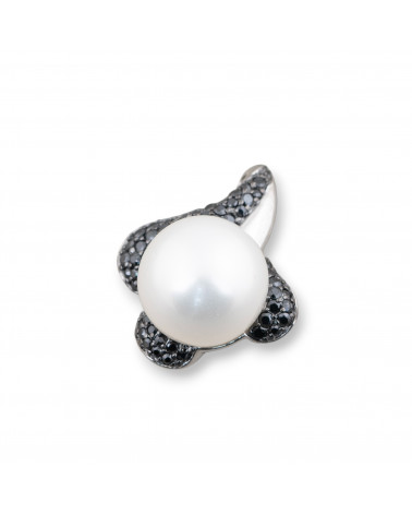 Ciondolo Pendente Di Argento 925 E Marcasite Nero Con Perle Di Maiorca 20x24mm Rodiato-PLATA 925 DISEÑO ITALIA | Worldofjewel.com
