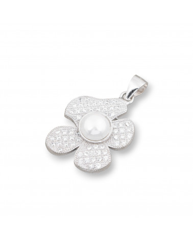 Ciondolo Pendente Di Argento 925 Fiore Con Zirconi E Perle 17x27mm-SILVER 925 DESIGN ITALY | Worldofjewel.com