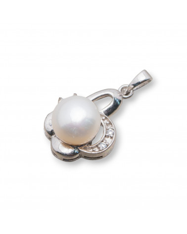 Ciondolo Pendente Di Argento 925 Perle Con Zirconi Pavè 14x26mm MOD.3 Bianco-PLATA 925 DISEÑO ITALIA | Worldofjewel.com
