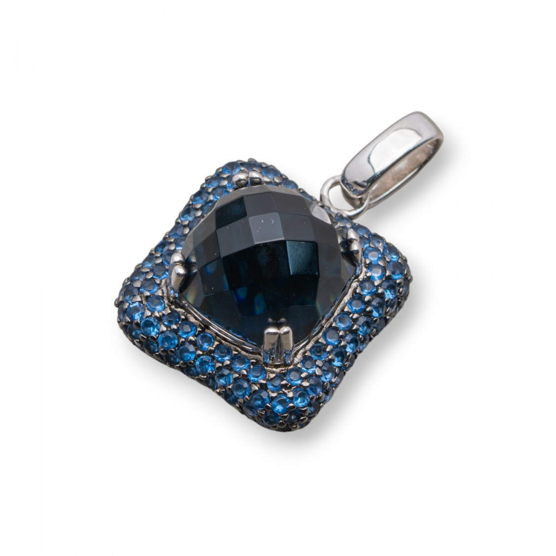 Ciondolo Pendente Di Argento 925 Quadrato Con Zirconi Blu Indaco E Onice Sfaccettato 18x28mm-ARGENT 925 DESIGN ITALIE | Worldofjewel.com