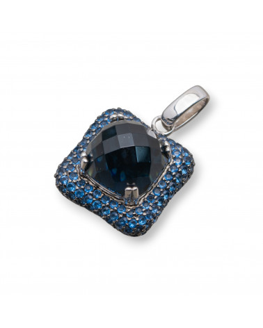 Ciondolo Pendente Di Argento 925 Quadrato Con Zirconi Blu Indaco E Onice Sfaccettato 18x28mm-ARGENT 925 DESIGN ITALIE | Worldofjewel.com