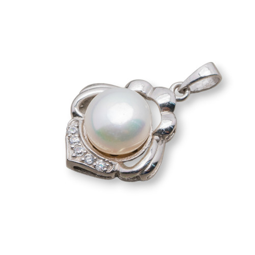 925 Silver Pendant, Rhombus, Worked with Zirconia and River Pearls, 16x25mm