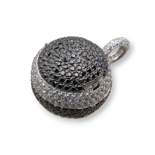 925 Silver Pendant Sphere with Black and White Zirconia and Double Opening 24x34mm